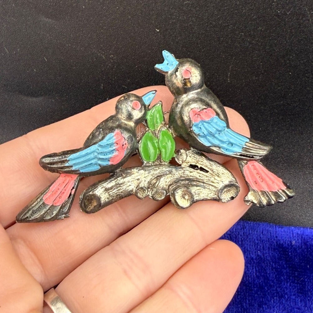 Vintage Estate Brooch Silver Molded Celluloid Bird Painted Pin 2.25in
